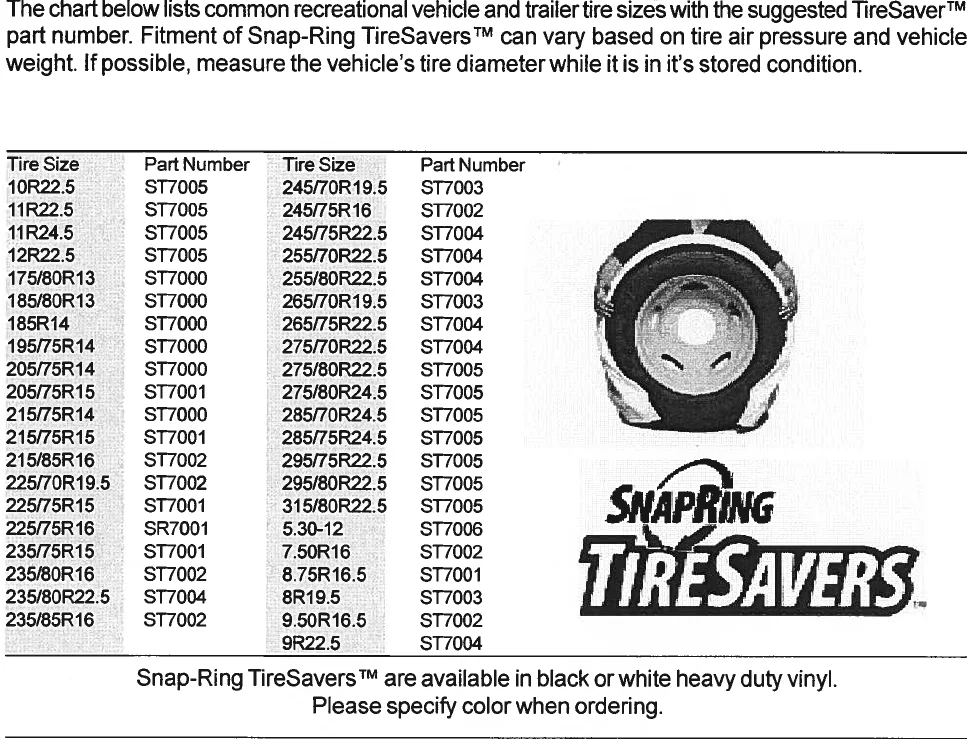 Covercraft SnapRing Tire Saver Sizing Chart